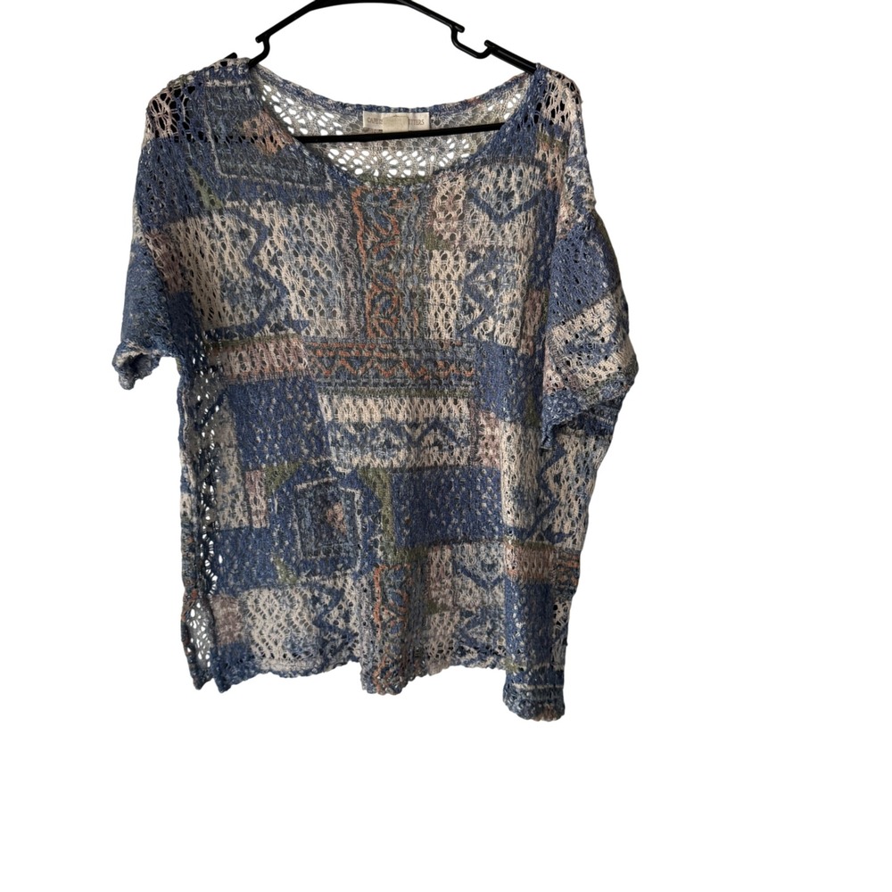 Cape Isle Knitters Blue Patterned Knit Crochet Tunic Top Coverup M Artsy Coastal